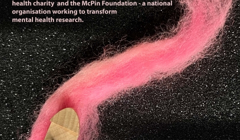Flyer for Un/Stuck exhibition with an artwork featuring a 'river' made of pink wool with a wooden boat on top