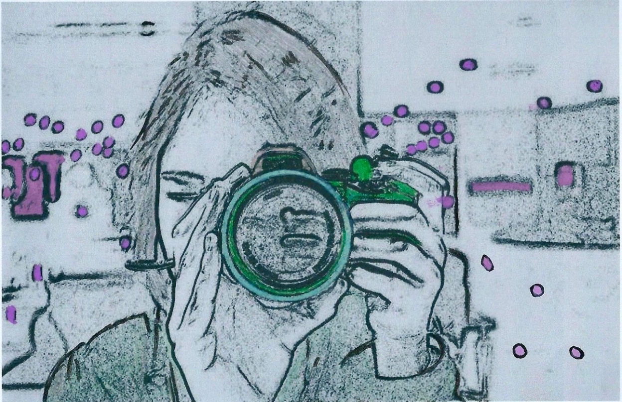 A digital sketch of a woman holding a camera