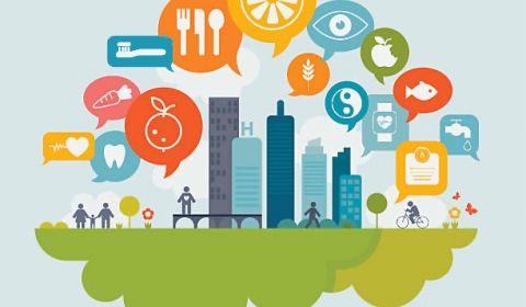Cartoon graphic of city buildings and people with speech bubbles containing wellbeing symbols.