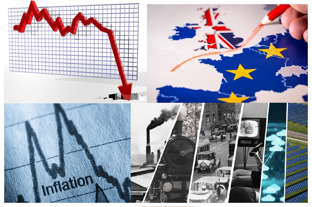 Graphs showing downwards economic trends, a map of Europe, historical images of a train, a factory, traffic and a TV